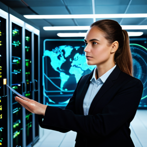 Home 4 A highly skilled female cybersecurity architect, fully clothed in a modest, dark professional business suit, standing confidently in an advanced, dimly lit server room. Intricate, custom-designed holographic network diagrams and data flows glow around her, illustrating complex, tailored defense strategies. The scene emphasizes strategic thinking and innovation. Perfect anatomy, correct proportions, natural pose, well-formed hands, proper finger count, natural body proportions, appropriate attire, professional dress, safe for work, appropriate content, professional.