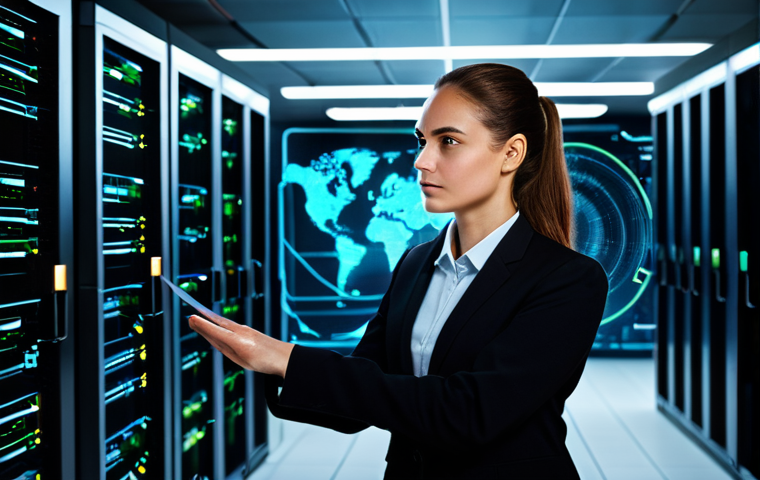 A highly skilled female cybersecurity architect, fully clothed in a modest, dark professional business suit, standing confidently in an advanced, dimly lit server room. Intricate, custom-designed holographic network diagrams and data flows glow around her, illustrating complex, tailored defense strategies. The scene emphasizes strategic thinking and innovation. Perfect anatomy, correct proportions, natural pose, well-formed hands, proper finger count, natural body proportions, appropriate attire, professional dress, safe for work, appropriate content, professional.