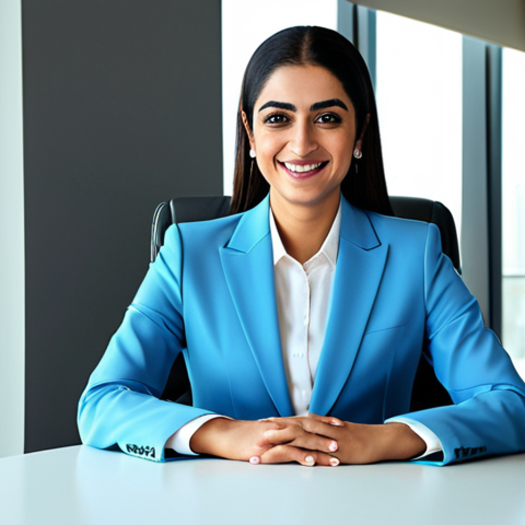**

A professional Arab businesswoman in a modest, tailored business suit, smiling confidently while sitting at a modern desk in a bright, contemporary office in Dubai. Fully clothed, appropriate attire, safe for work. Perfect anatomy, correct proportions, natural pose, professional photography, high quality, family-friendly.

**