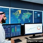 사이버 보안 자동화 도구의 데이터 분석 기능 - A sophisticated cybersecurity operations center in a modern office with diverse Arab professionals a...