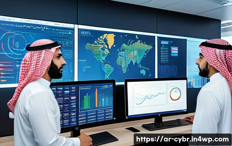 사이버 보안 자동화 도구의 데이터 분석 기능 - A sophisticated cybersecurity operations center in a modern office with diverse Arab professionals a...