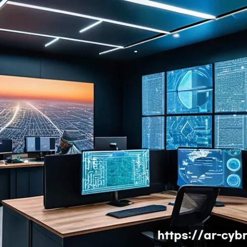 사이버 보안 자동화 도구의 발전 방향 - A futuristic cybersecurity operations center in a modern Middle Eastern office, featuring diverse Ar...