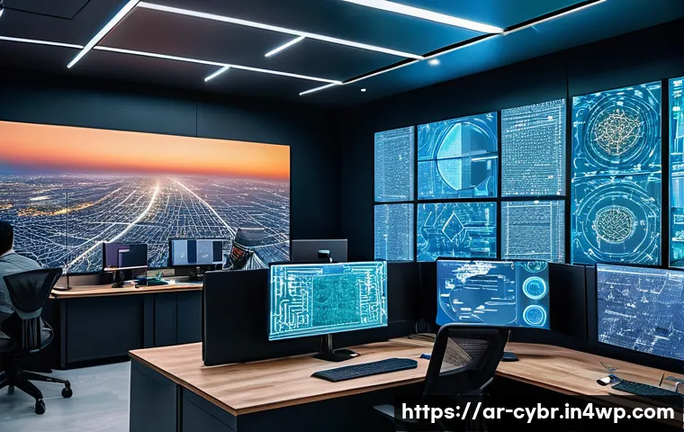 사이버 보안 자동화 도구의 발전 방향 - A futuristic cybersecurity operations center in a modern Middle Eastern office, featuring diverse Ar...
