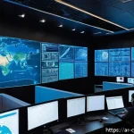 사이버 보안 자동화 도구의 패턴 인식 - A modern cybersecurity operations center with diverse Arab security analysts collaborating around mu...