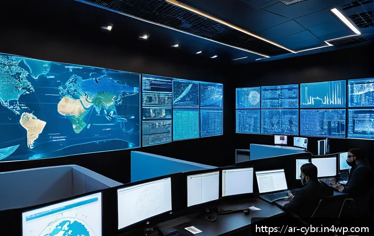 사이버 보안 자동화 도구의 패턴 인식 - A modern cybersecurity operations center with diverse Arab security analysts collaborating around mu...