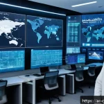 최고의 사이버 보안 자동화 도구 2023 - A high-tech cybersecurity control room with diverse Arab professionals monitoring multiple large tra...