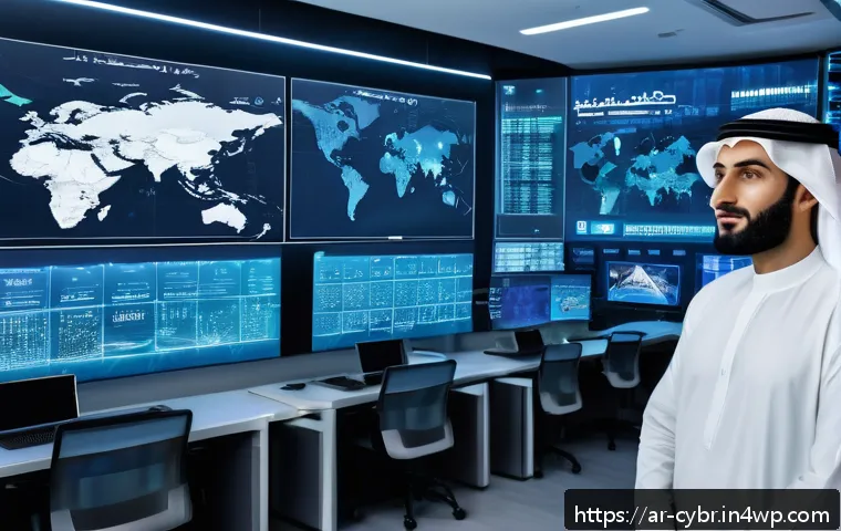 최고의 사이버 보안 자동화 도구 2023 - A high-tech cybersecurity control room with diverse Arab professionals monitoring multiple large tra...