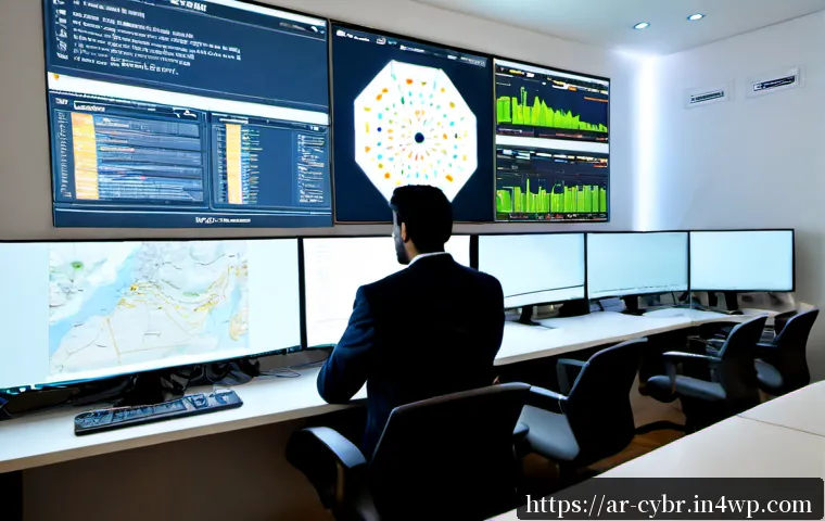 사이버 보안 자동화 도구의 최신 경향 - Photorealistic modern cybersecurity operations center in Dubai, Arab cybersecurity analyst in modest...